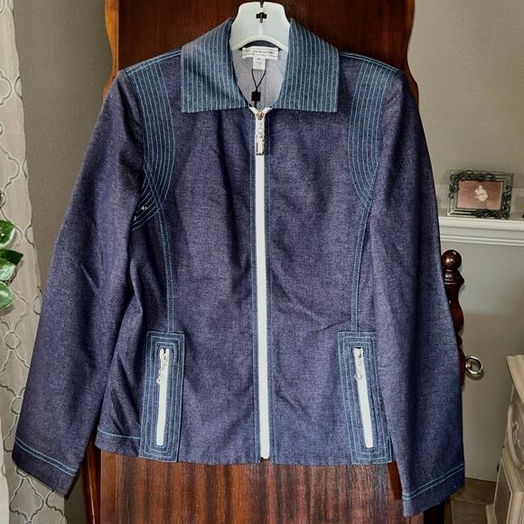St John Sport Jacket Blue Denim Full Zip Pockets Casual Shoulder Pads size P - Picture 1 of 10